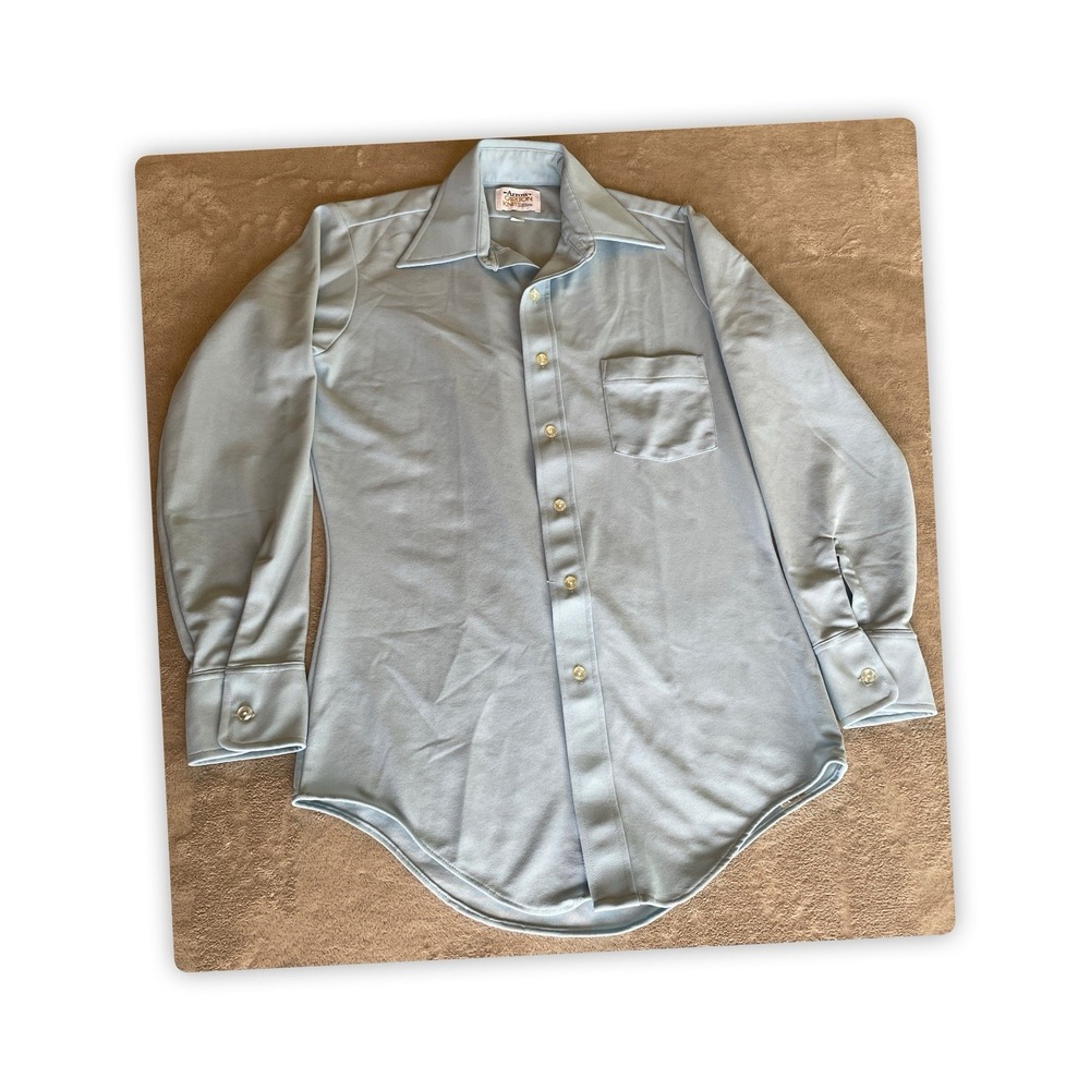 Vintage Arrow Carlton Knits Mens 14.5 33 Blue Disco Shirt Poly Button Up